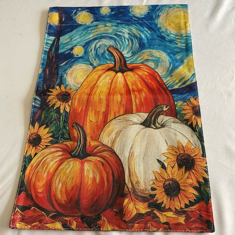 Starry Night Garden Flag Theme featuring Pumpkins & Sunflowers